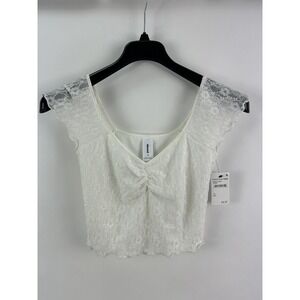 New ABOUND Women XS White Floral Lace Cap Sleeve Ruched Gathered Ruffle Crop Top